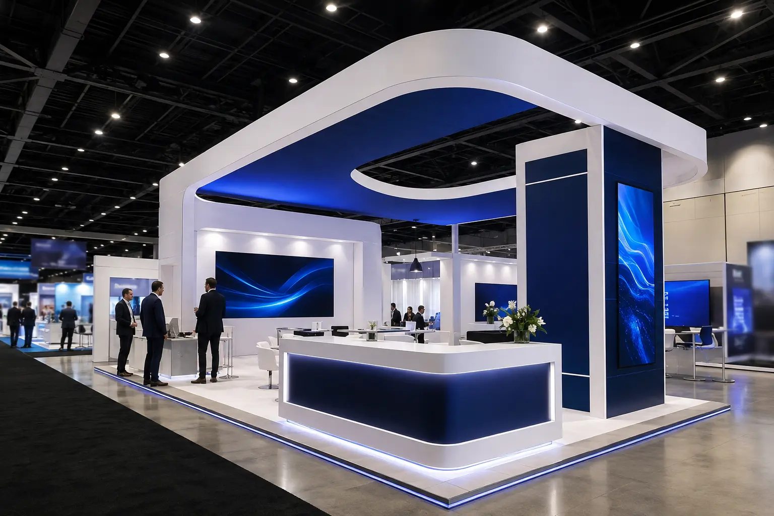 Custom navy and white trade show booth in a convention center