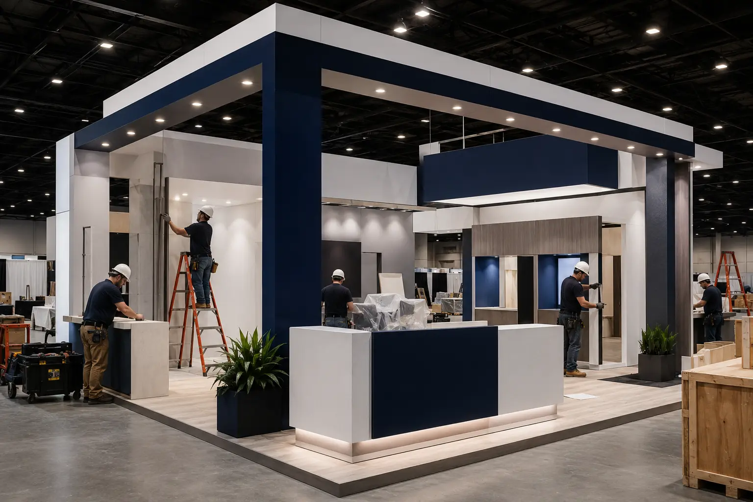 Skilled team installing an exhibit structure